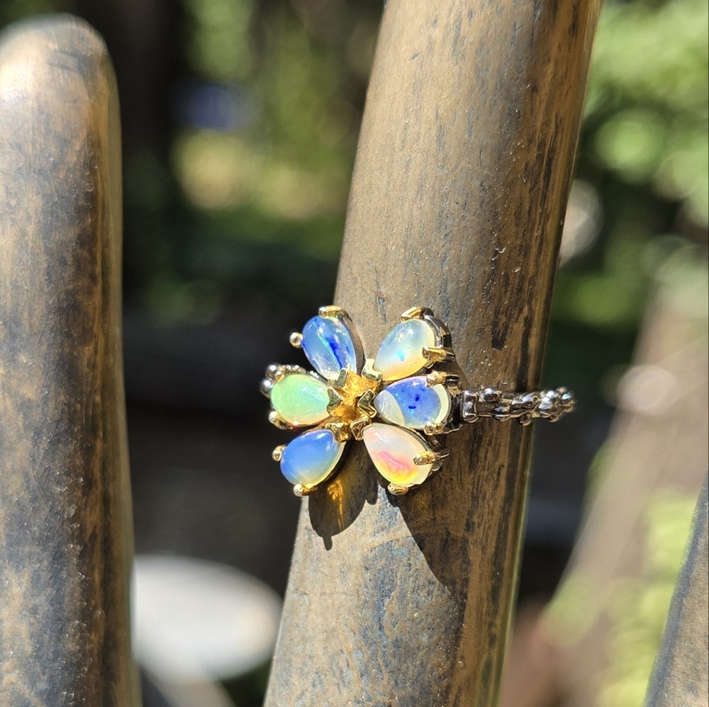 Opal Natural Sterling Rhodium & Gold Flower Ring Sz5.5 - Picture 5 of 9